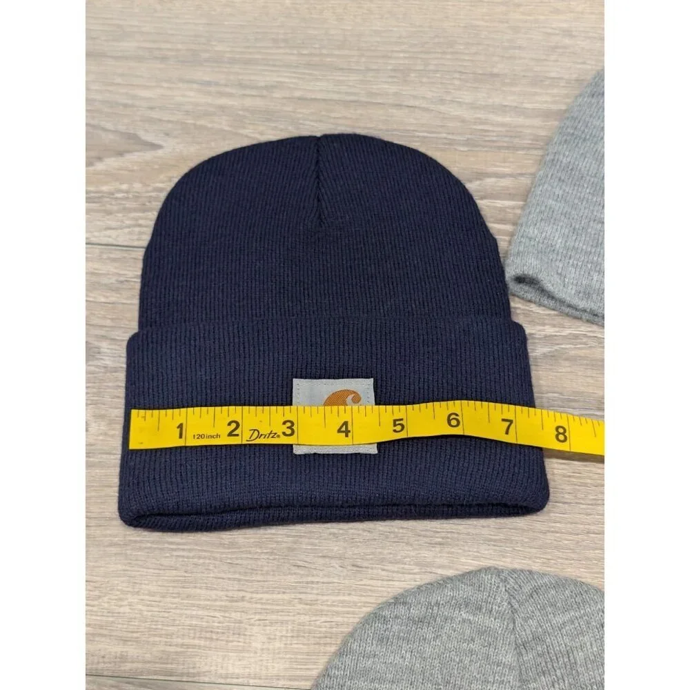 LOT OF 3 Carhartt Grey & Navy Blue Knit Cuffed Beanie Caps One Size Knit